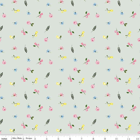 Image of the Sweet Spring Ditsy Seafoam quilting cotton fabric by Hester & Cook for Riley Blake Designs. Features flowers on a blue background. Cute Little Fabric Shop