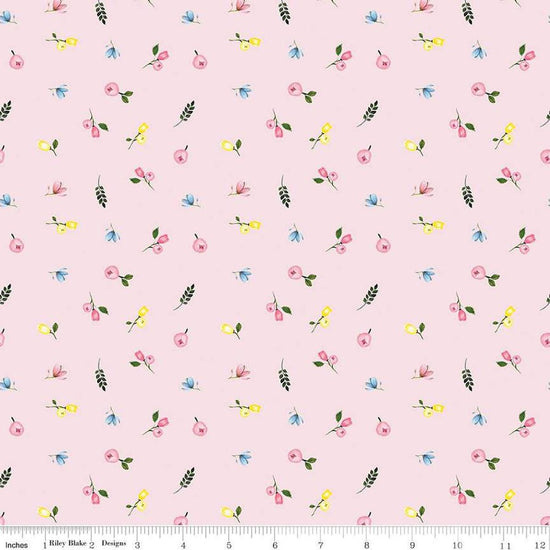 Image of the Sweet Spring Ditsy Pink quilting cotton fabric by Hester & Cook for Riley Blake Designs. Features flowers on a pink background. Cute Little Fabric Shop