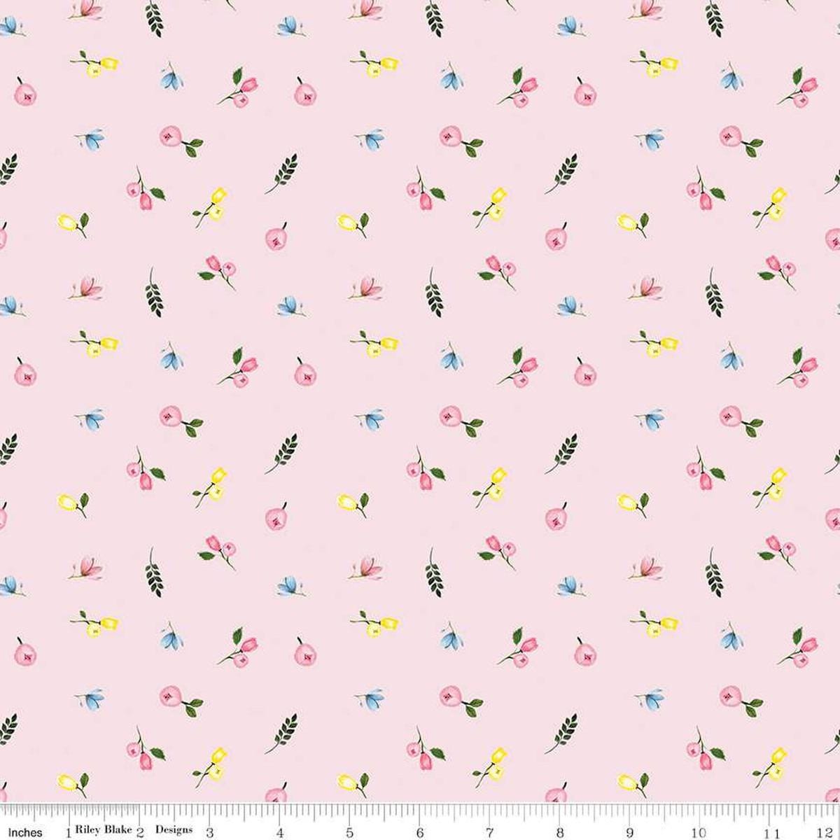 Image of the Sweet Spring Ditsy Pink quilting cotton fabric by Hester & Cook for Riley Blake Designs. Features flowers on a pink background. Cute Little Fabric Shop