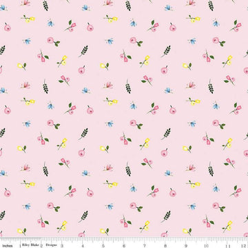 Image of the Sweet Spring Ditsy Pink quilting cotton fabric by Hester & Cook for Riley Blake Designs. Features flowers on a pink background. Cute Little Fabric Shop