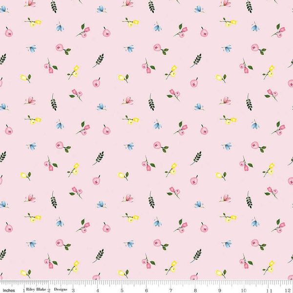 Image of the Sweet Spring Ditsy Pink quilting cotton fabric by Hester & Cook for Riley Blake Designs. Features flowers on a pink background. Cute Little Fabric Shop