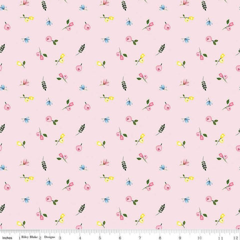 Image of the Sweet Spring Ditsy Pink quilting cotton fabric by Hester & Cook for Riley Blake Designs. Features flowers on a pink background. Cute Little Fabric Shop