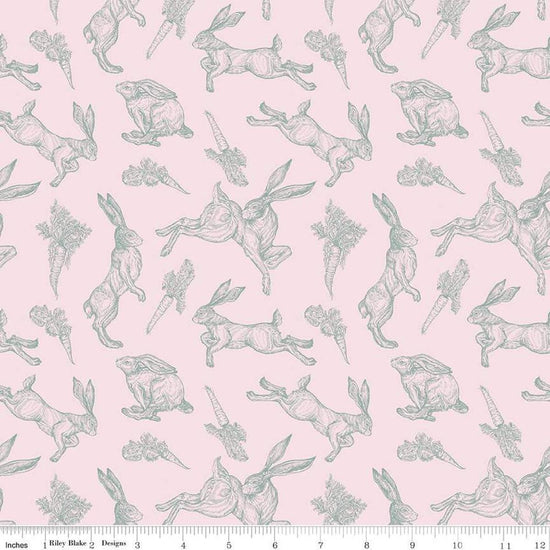 Image of the Sweet Spring Bunnies Pink quilting cotton fabric by Hester & Cook for Riley Blake Designs. Features bunnies on a pink background. Cute Little Fabric Shop