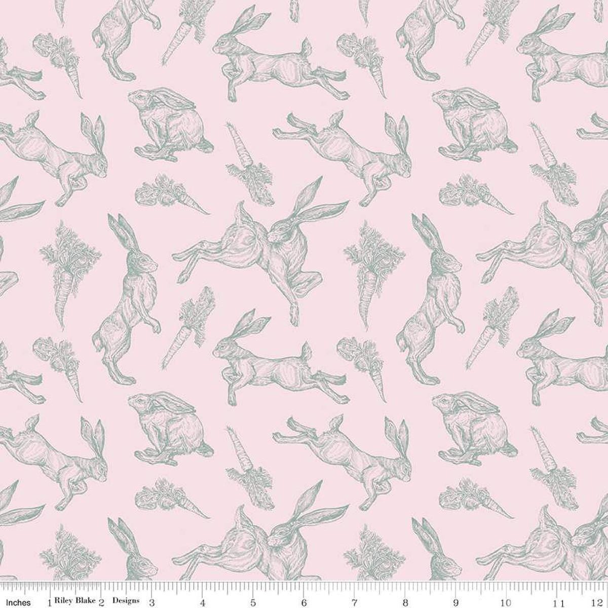 Image of the Sweet Spring Bunnies Pink quilting cotton fabric by Hester & Cook for Riley Blake Designs. Features bunnies on a pink background. Cute Little Fabric Shop