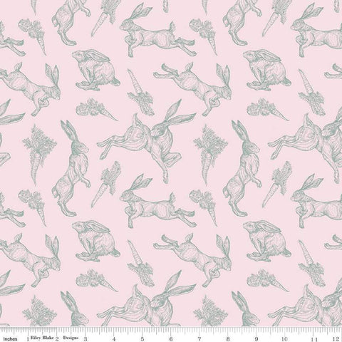 Image of the Sweet Spring Bunnies Pink quilting cotton fabric by Hester & Cook for Riley Blake Designs. Features bunnies on a pink background. Cute Little Fabric Shop