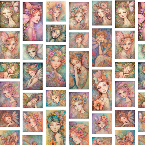 Image of the Enchanted Fairy Portrait Patches White quilting cotton by Morris Creative Group for QT Fabrics. Features fairy themed fabrics on a white background. 
Cute Little Fabric Shop