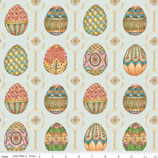 Image of the Sweet Spring Easter Eggs Seafoam quilting cotton fabric by Hester & Cook for Riley Blake Designs. Features easter eggs on a blue background. Cute Little Fabric Shop