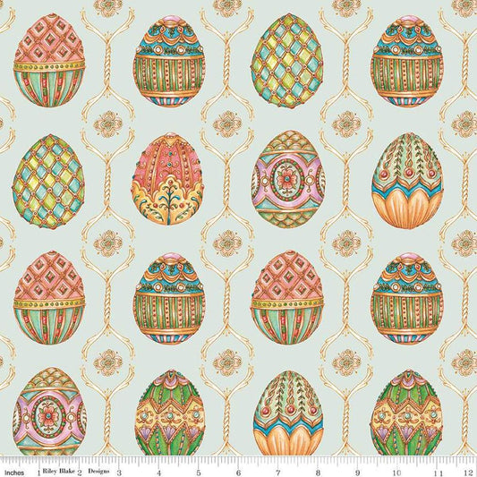 Image of the Sweet Spring Easter Eggs Seafoam quilting cotton fabric by Hester & Cook for Riley Blake Designs. Features easter eggs on a blue background. Cute Little Fabric Shop