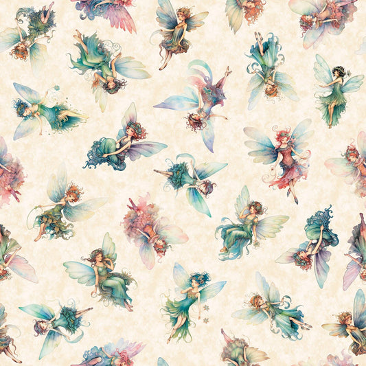 Image of the Enchanted Fairy Toss Cream quilting cotton fabric by Morris Creative Group for QT Fabrics. Features floral fabrics on a cream background. 
Cute Little Fabric Shop