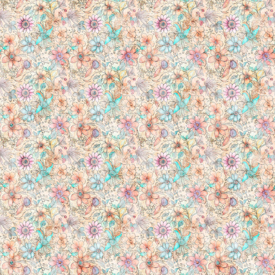 Image of the Enchanted Fairy Flowers Multi quilting cotton fabric by Morris Creative Group for QT Fabrics. Features floral fabrics on a cream background. 
Cute Little Fabric Shop