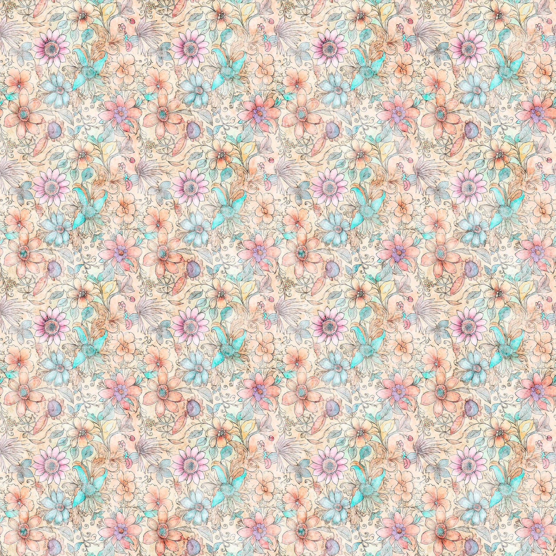 Image of the Enchanted Fairy Flowers Multi quilting cotton fabric by Morris Creative Group for QT Fabrics. Features floral fabrics on a cream background. 
Cute Little Fabric Shop