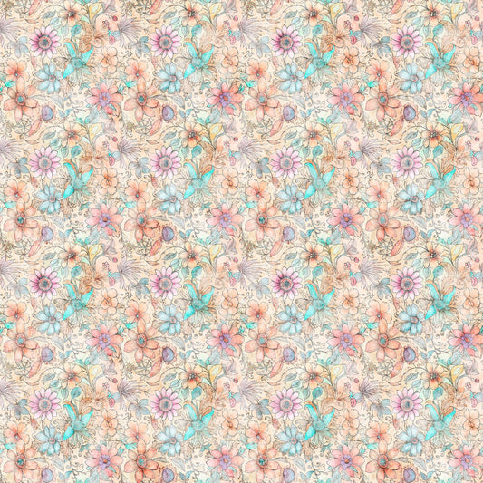 Image of the Enchanted Fairy Flowers Multi quilting cotton fabric by Morris Creative Group for QT Fabrics. Features floral fabrics on a cream background. 
Cute Little Fabric Shop