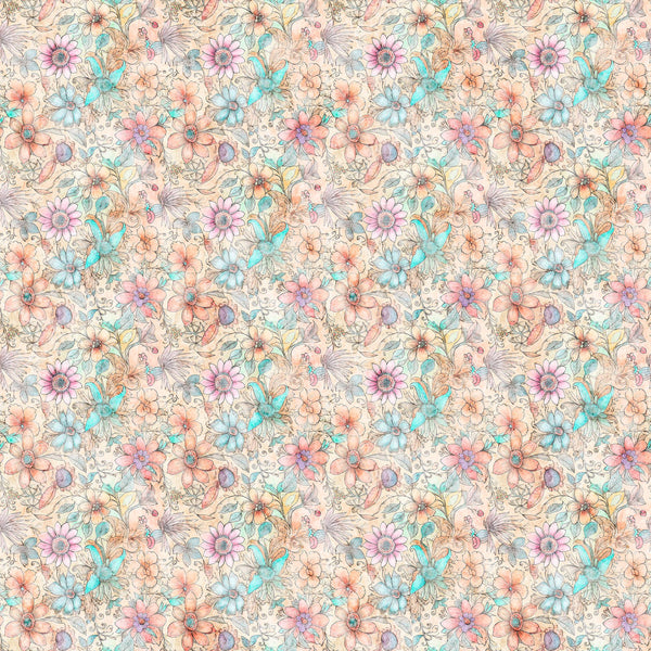 Image of the Enchanted Fairy Flowers Multi quilting cotton fabric by Morris Creative Group for QT Fabrics. Features floral fabrics on a cream background. 
Cute Little Fabric Shop