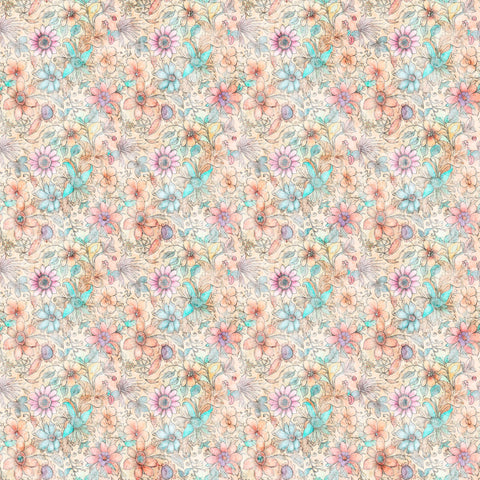 Image of the Enchanted Fairy Flowers Multi quilting cotton fabric by Morris Creative Group for QT Fabrics. Features floral fabrics on a cream background. 
Cute Little Fabric Shop