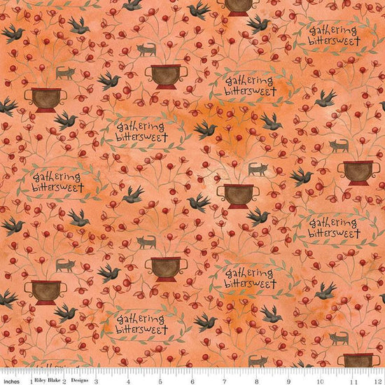 Image of the Bittersweet Farm Gathering Orange quilting cotton fabric by Riley Blake Designs. Features  floral pots with vining flowers, cats, birds, and the phrase "gathering sweet" on an orange background. 
Cute Little Fabric Shop