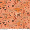 Image of the Bittersweet Farm Gathering Orange quilting cotton fabric by Riley Blake Designs. Features  floral pots with vining flowers, cats, birds, and the phrase "gathering sweet" on an orange background. 
Cute Little Fabric Shop