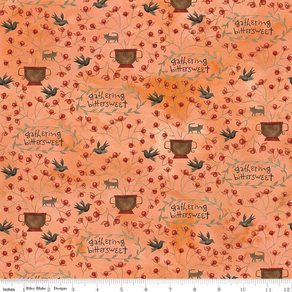 Image of the Bittersweet Farm Gathering Orange quilting cotton fabric by Riley Blake Designs. Features  floral pots with vining flowers, cats, birds, and the phrase "gathering sweet" on an orange background. 
Cute Little Fabric Shop