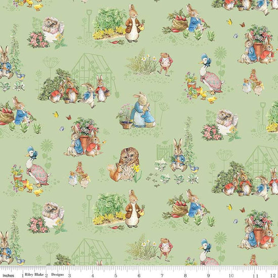 Image of the Peter Rabbit and Friends Characters Fern quilting cotton fabric by Beatrix Potter for Riley Blake Designs. Features characters on a green background. Cute Little Fabric Shop