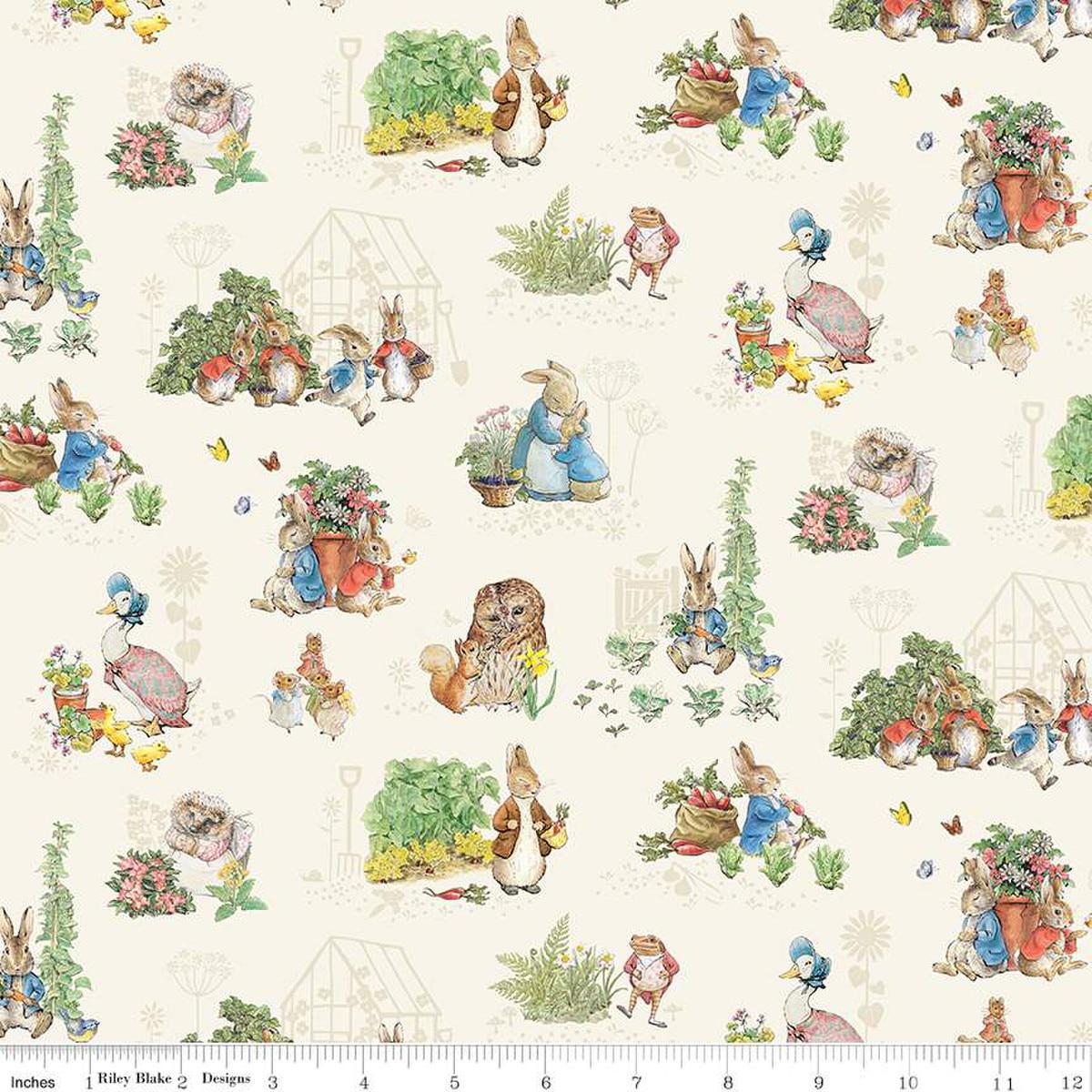 Image of the Peter Rabbit and Friends Characters Cloud quilting cotton fabric by Beatrix Potter for Riley Blake Designs. Features characters on a cream background. Cute Little Fabric Shop
