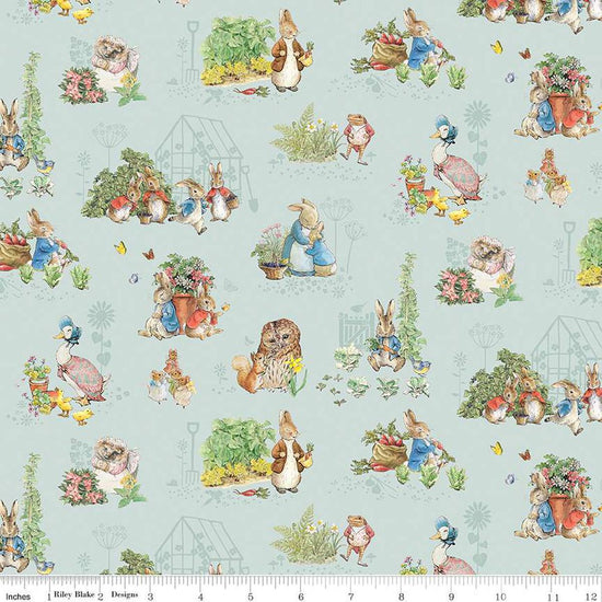 Image of the Peter Rabbit and Friends Characters Blue quilting cotton fabric by Beatrix Potter for Riley Blake Designs. Features characters on a blue background. Cute Little Fabric Shop