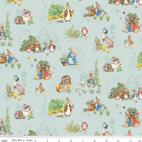 Image of the Peter Rabbit and Friends Characters Blue quilting cotton fabric by Beatrix Potter for Riley Blake Designs. Features characters on a blue background. Cute Little Fabric Shop