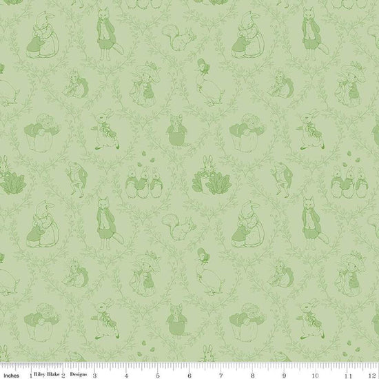 Image of the Peter Rabbit and Friends Toile Fern quilting cotton fabric by Beatrix Potter for Riley Blake Designs. Features characters on a green background. Cute Little Fabric Shop