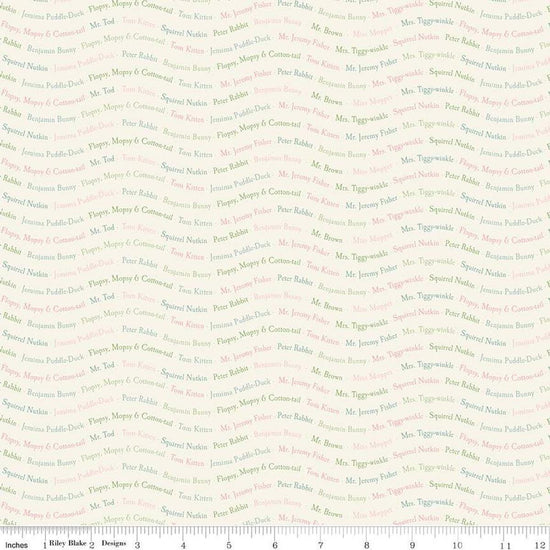 Image of the Peter Rabbit and Friends Text Cloud quilting cotton fabric by Beatrix Potter for Riley Blake Designs. Features text on a cream background. Cute Little Fabric Shop