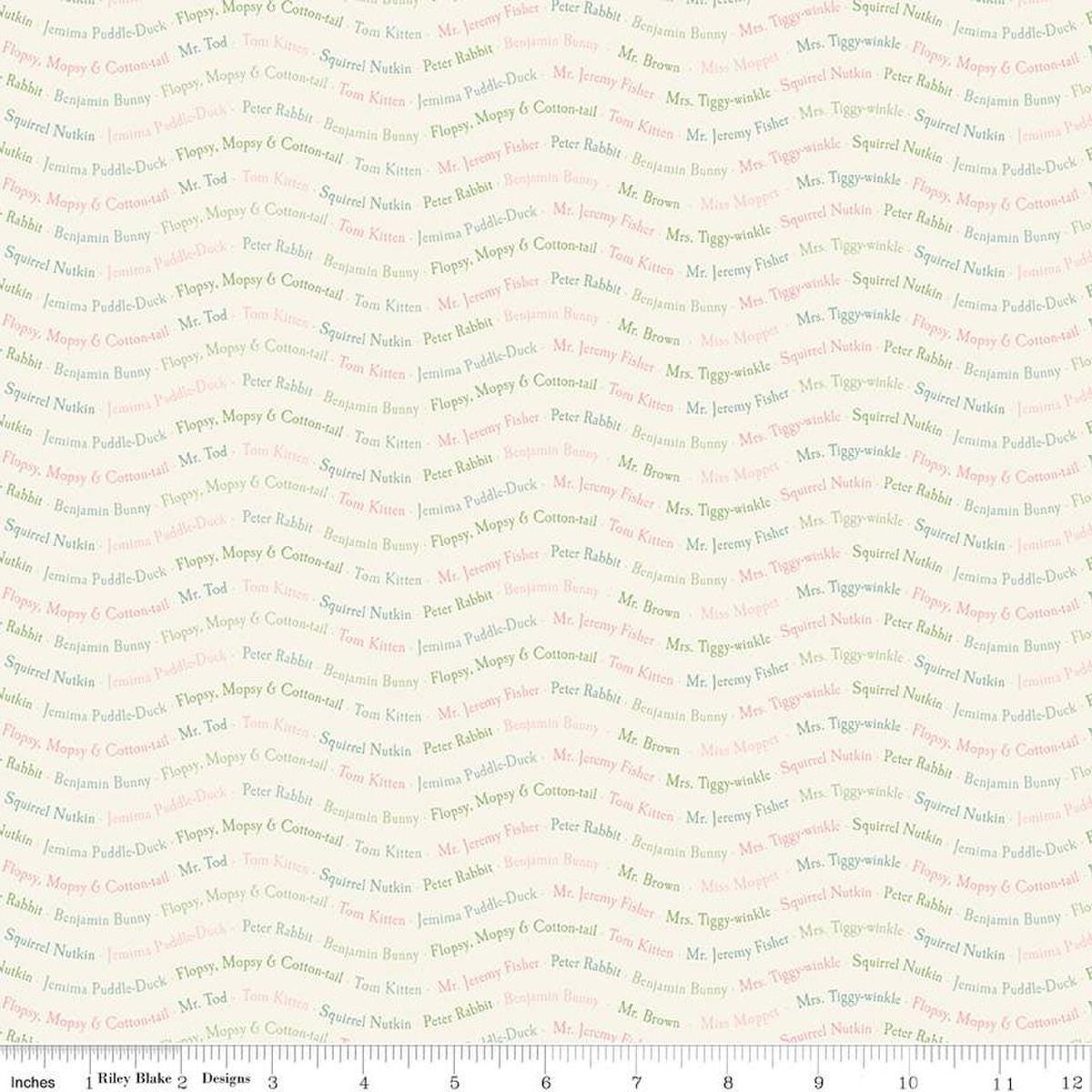 Image of the Peter Rabbit and Friends Text Cloud quilting cotton fabric by Beatrix Potter for Riley Blake Designs. Features text on a cream background. Cute Little Fabric Shop