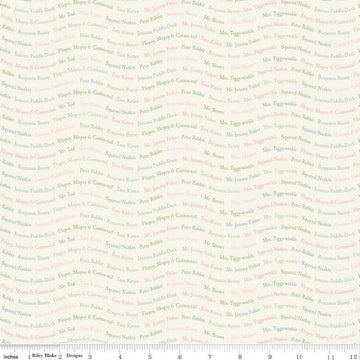 Image of the Peter Rabbit and Friends Text Cloud quilting cotton fabric by Beatrix Potter for Riley Blake Designs. Features text on a cream background. Cute Little Fabric Shop