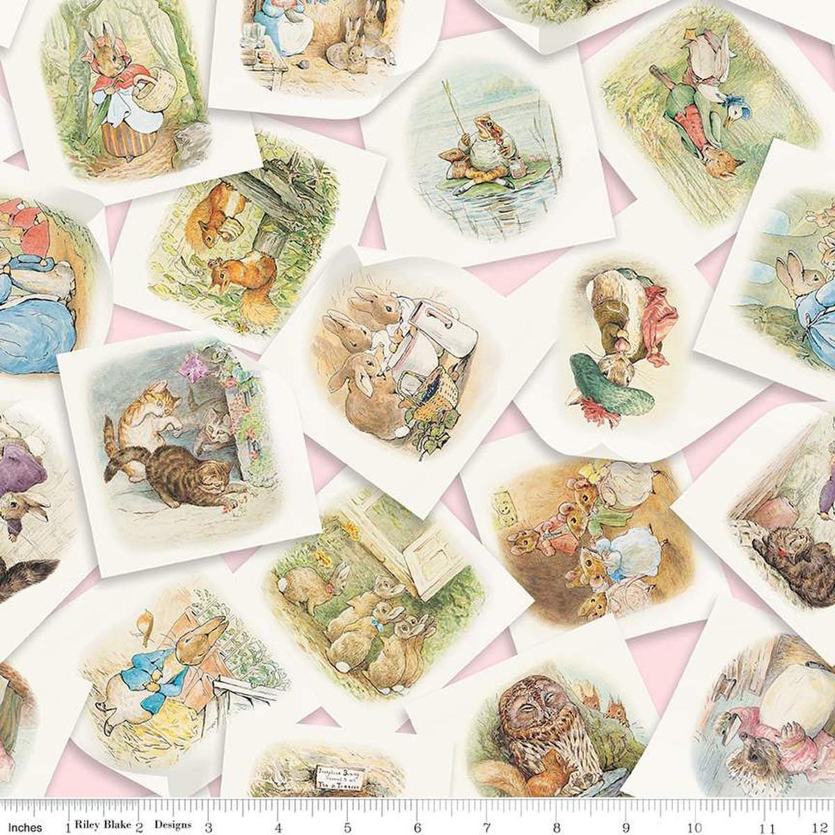 Image of the Peter Rabbit and Friends Main Pink quilting cotton fabric by Beatrix Potter for Riley Blake Designs. Features papers with characters on a pink background. Cute Little Fabric Shop