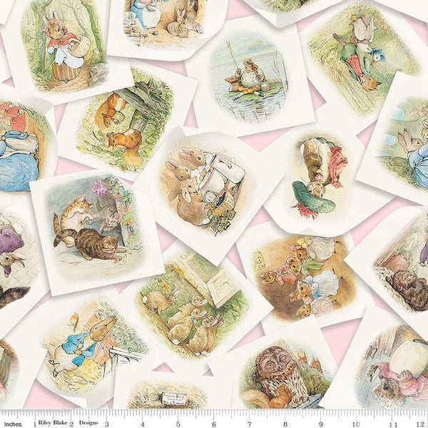 Image of the Peter Rabbit and Friends Main Pink quilting cotton fabric by Beatrix Potter for Riley Blake Designs. Features papers with characters on a pink background. Cute Little Fabric Shop