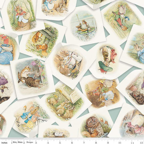 Image of the Peter Rabbit and Friends Main Blue quilting cotton fabric by Beatrix Potter for Riley Blake Designs. Features papers with characters on a blue background. Cute Little Fabric Shop