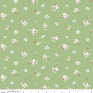 Image of the Peter Rabbit and Friends Jasmine Green quilting cotton fabric by Beatrix Potter for Riley Blake Designs. Features sprigs of flowers on a green background. Cute Little Fabric Shop