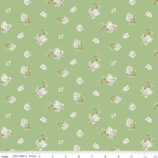 Image of the Peter Rabbit and Friends Jasmine Green quilting cotton fabric by Beatrix Potter for Riley Blake Designs. Features sprigs of flowers on a green background. Cute Little Fabric Shop