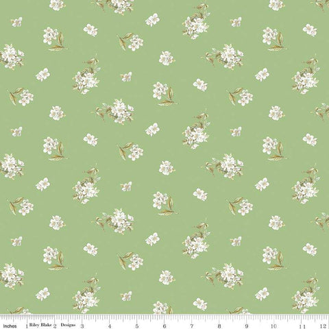 Image of the Peter Rabbit and Friends Jasmine Green quilting cotton fabric by Beatrix Potter for Riley Blake Designs. Features sprigs of flowers on a green background. Cute Little Fabric Shop
