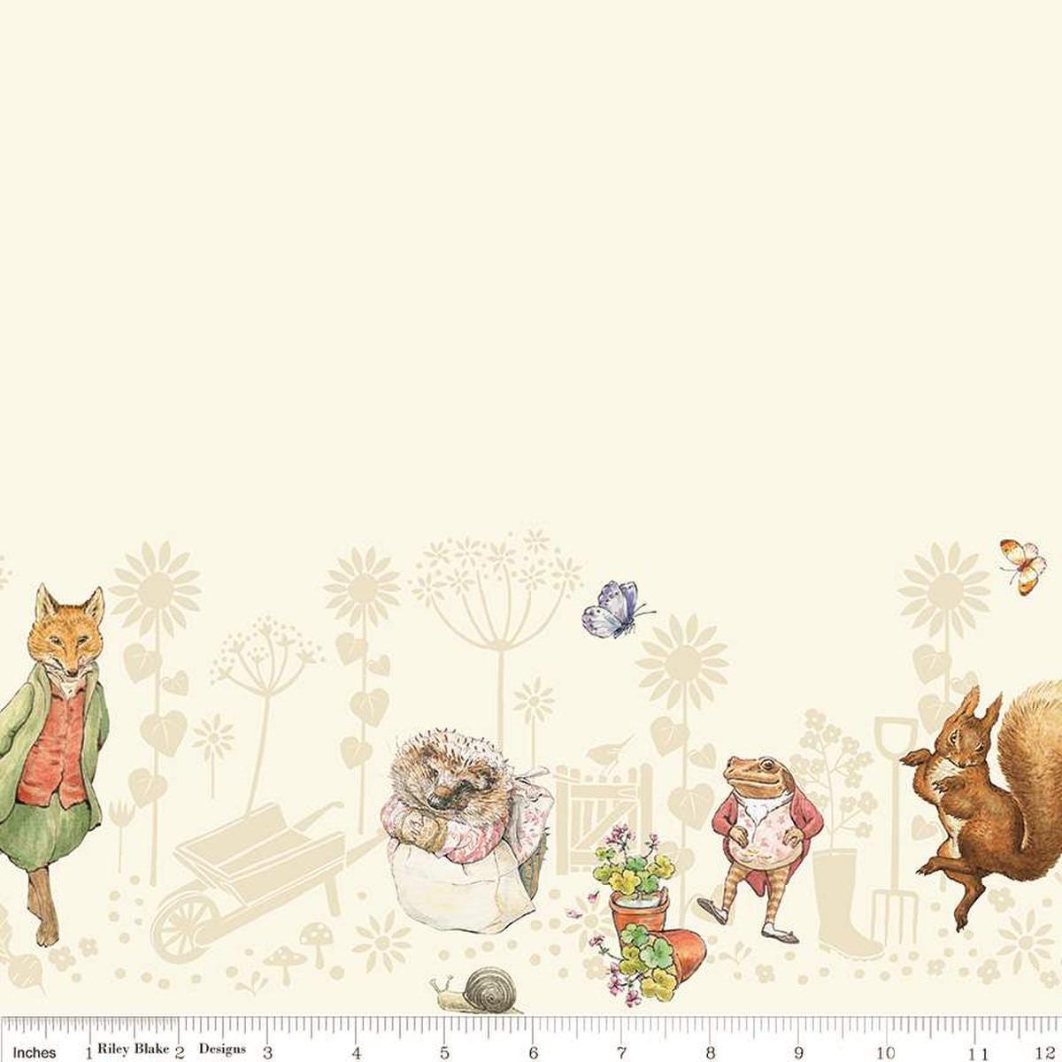 Image of the Peter Rabbit and Friends Border Print Cloud quilting cotton fabric by Beatrix Potter for Riley Blake Designs. Features border animals on a cream background. Cute Little Fabric Shop