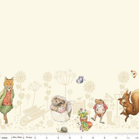 Image of the Peter Rabbit and Friends Border Print Cloud quilting cotton fabric by Beatrix Potter for Riley Blake Designs. Features border animals on a cream background. Cute Little Fabric Shop