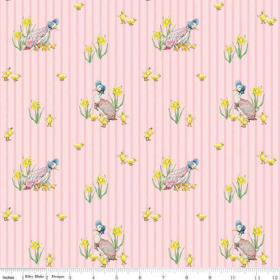 Image of the Peter Rabbit and Friends Duck Stripe Pink quilting cotton fabric by Beatrix Potter for Riley Blake Designs. Features ducks and ducklings on a pink background. Cute Little Fabric Shop