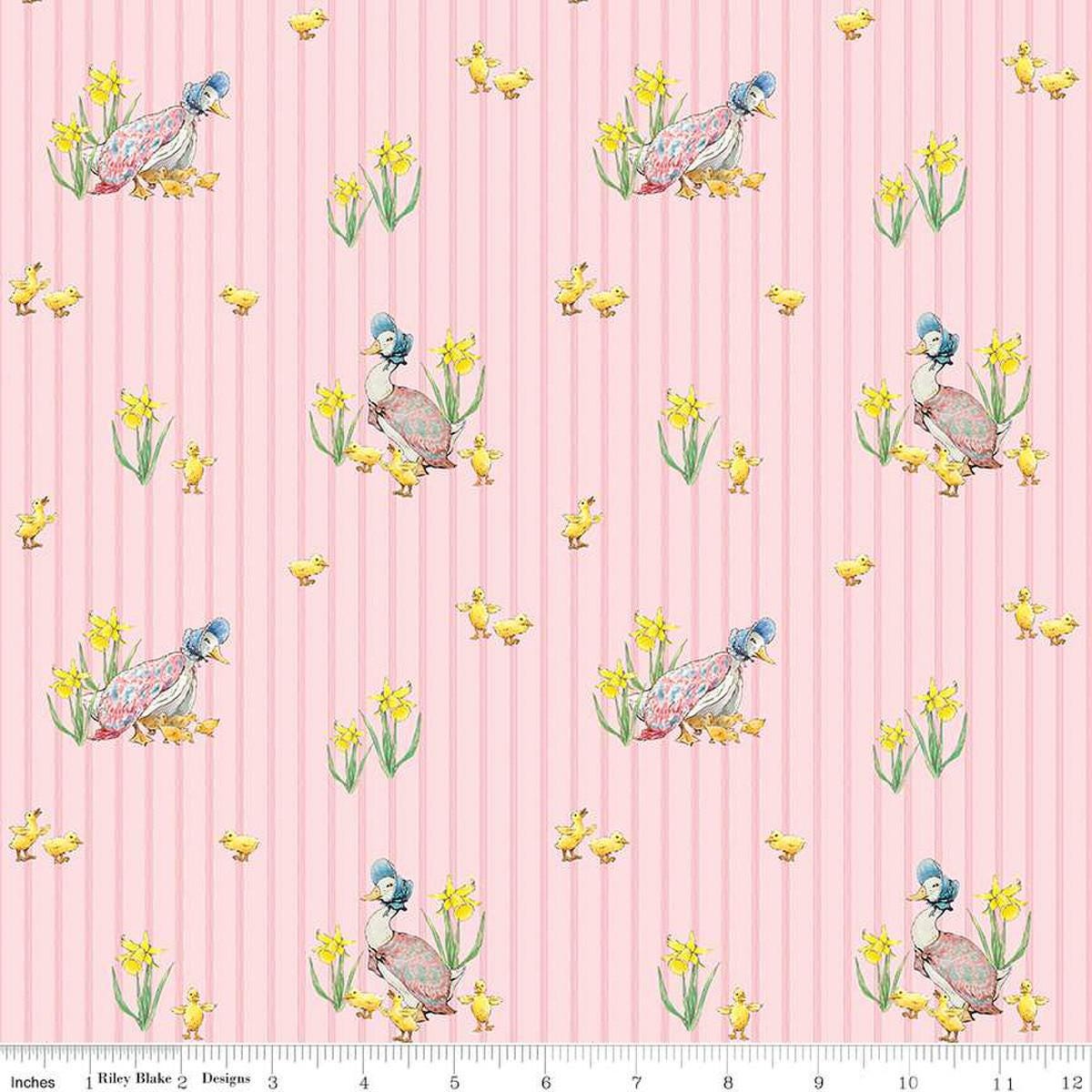 Image of the Peter Rabbit and Friends Duck Stripe Pink quilting cotton fabric by Beatrix Potter for Riley Blake Designs. Features ducks and ducklings on a pink background. Cute Little Fabric Shop