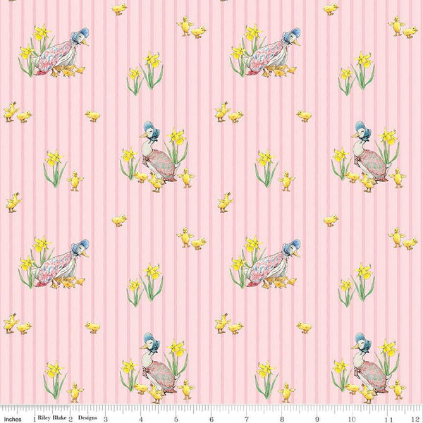 Image of the Peter Rabbit and Friends Duck Stripe Pink quilting cotton fabric by Beatrix Potter for Riley Blake Designs. Features ducks and ducklings on a pink background. Cute Little Fabric Shop