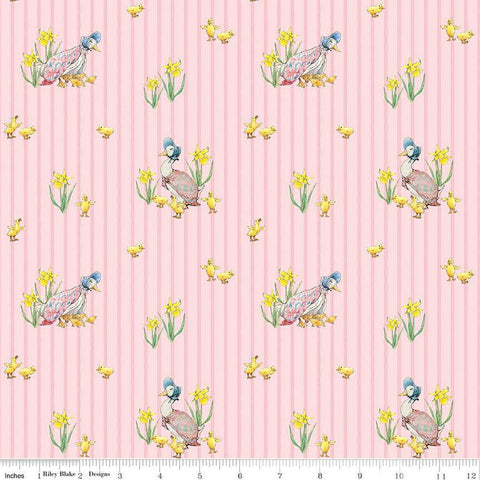 Image of the Peter Rabbit and Friends Duck Stripe Pink quilting cotton fabric by Beatrix Potter for Riley Blake Designs. Features ducks and ducklings on a pink background. Cute Little Fabric Shop