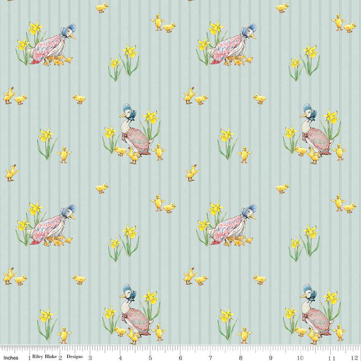 Image of the Peter Rabbit and Friends Duck Stripe Blue quilting cotton fabric by Beatrix Potter for Riley Blake Designs. Features ducks and ducklings on a blue background. Cute Little Fabric Shop
