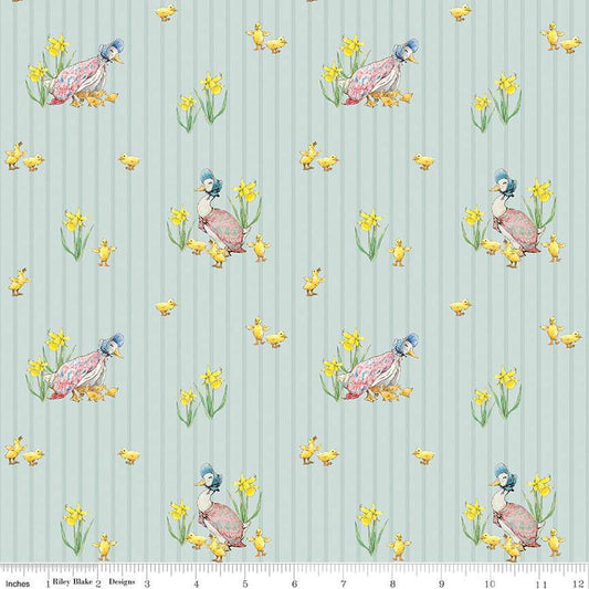 Image of the Peter Rabbit and Friends Duck Stripe Blue quilting cotton fabric by Beatrix Potter for Riley Blake Designs. Features ducks and ducklings on a blue background. Cute Little Fabric Shop