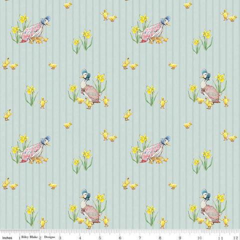 Image of the Peter Rabbit and Friends Duck Stripe Blue quilting cotton fabric by Beatrix Potter for Riley Blake Designs. Features ducks and ducklings on a blue background. Cute Little Fabric Shop