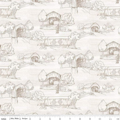 Image of the Covered Bridges in Spring Toile White by Quilting Cotton Fabric. Features tone on tone trees on a white background. Cute Little Fabric Shop