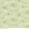 Image of the Covered Bridges in Spring Toile Green by Quilting Cotton Fabric. Features tone on tone trees on a green background. Cute Little Fabric Shop