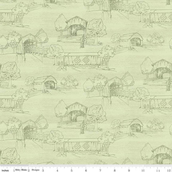 Image of the Covered Bridges in Spring Toile Green by Quilting Cotton Fabric. Features tone on tone trees on a green background. Cute Little Fabric Shop