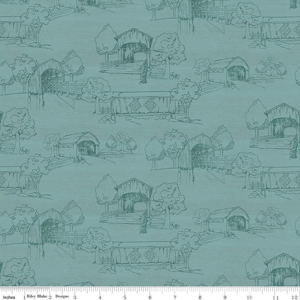 Image of the Covered Bridges in Spring Toile Aqua by Quilting Cotton Fabric. Features tone on tone trees on a blue background. Cute Little Fabric Shop