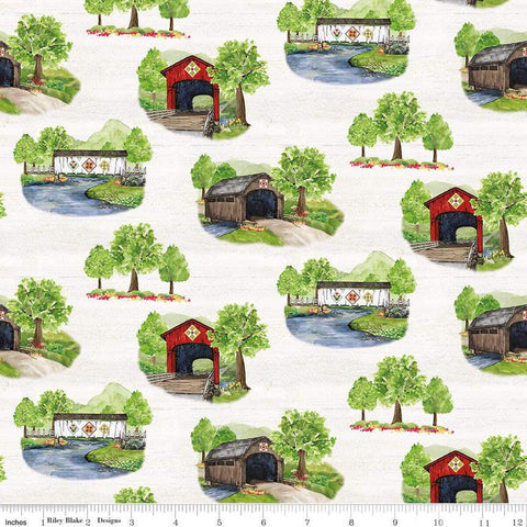 Image of the Covered Bridges in Spring Main White by Quilting Cotton Fabric. Features covered bridges on a white background. Cute Little Fabric Shop