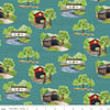 Image of the Covered Bridges in Spring Main Aqua by Quilting Cotton Fabric. Features covered bridges on a blue background. Cute Little Fabric Shop